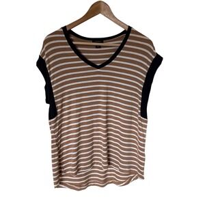Halogen Striped Cap Sleeve V-Neck Top Womens Medium Tan Black White Excellent‎